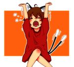  &gt;_&lt; ahoge animal_ears bottomless brown_hair cat_ears cat_tail chen child closed_eyes fangs feet_out_of_frame highres multiple_tails no_pants open_mouth oversized_clothes rararanago solo stretch tail touhou yawning 