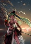  absurdres bra elbow_gloves gloves green_eyes green_hair hair_ribbon hat hatsune_miku hei_yan-m82a1 highres long_hair microphone microphone_stand navel open_mouth ribbon solo sunrise twintails underwear very_long_hair vocaloid 