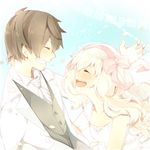  1girl 3103vv black_hair blonde_hair blush bridal_veil closed_eyes commentary_request couple dress flower formal grin hair_ribbon hetero kagerou_project kozakura_marry long_hair pale_color petals ribbon seto_kousuke short_hair smile souzou_forest_(vocaloid) suit veil wedding_dress 