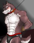  abs angry anthro biceps big_muscles black_nose blush bound briefs brown_fur bulge canine chain chest_tuft collar fangs frown fur gay hentist hideo_katashi hideo_katashi_(character) leash looking_at_viewer male mammal muscles nipples pecs pose rope solo standing teeth toned topless tuft underwear vein white_fur wolf 