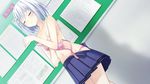  bra breasts classroom closed_eyes covering covering_breasts date_a_live game_cg hair_ornament hairclip highres panties pink_bra pink_panties school_uniform short_hair silver_hair skirt small_breasts solo tobiichi_origami tsunako underwear undressing 
