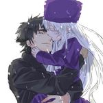  1girl bad_id bad_pixiv_id black_hair capelet carrying closed_eyes coat emiya_kiritsugu fate/zero fate_(series) father_and_daughter hat illyasviel_von_einzbern kiss long_hair nose_kiss purple_hat short_hair silver_hair smile youvvsuke 