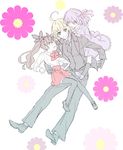  ahoge artoria_pendragon_(all) bad_id bad_pixiv_id belt black_legwear blonde_hair bow brown_hair carrying dress fate/zero fate_(series) flower formal gloves hair_bow hair_ribbon long_hair matou_sakura multiple_girls necktie pant_suit piggyback purple_hair ribbon saber short_hair skirt smile socks suit thighhighs toosaka_rin twintails younger youvvsuke 