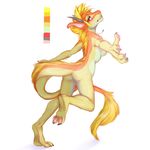 3_toes 4_toes anthro blonde_hair breasts butt claws dancing digitigrade dragon female fivel fur hair hindpaw horn looking_at_viewer looking_back multicolor_fur nude on_one_leg pawpads paws plain_background pose red_eyes short_hair side_boob simple_background soles solo standing tail_tuft toes tuft two_tone_fur white_background 