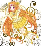  bass_clef beamed_eighth_notes boots bow brooch bubble_skirt choker circlet cure_muse_(yellow) eighth_note frills hair_ribbon half_note heart hoxi jewelry knee_boots long_hair magical_girl musical_note open_mouth orange_hair pink_eyes precure quarter_note ribbon sharp_sign shirabe_ako skirt solo suite_precure treble_clef yellow_bow yellow_choker yellow_skirt 