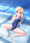  arm_support blonde_hair blue_eyes cameltoe competition_swimsuit covered_navel feet highres long_hair one-piece_swimsuit original pool poolside reclining shadow solo spread_legs swimsuit takuya_kame 