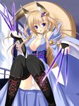  :p animal_ears bare_shoulders between_fingers black_legwear blonde_hair blue_eyes blush boots breasts bridal_gauntlets buttons claw_(weapon) cleavage collarbone fox_ears fox_tail hair_tubes japanese_clothes knees_together_feet_apart large_breasts long_hair long_sleeves looking_at_viewer luxuria original panties pantyshot pantyshot_(sitting) sitting tail thighhighs tongue tongue_out underwear weapon white_panties 