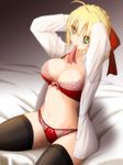  adjusting_hair ahoge black_legwear blonde_hair blush bow bra dress_shirt fate/extra fate_(series) green_eyes hair_bow highres keito_(keito-ya) mouth_hold nero_claudius_(fate) nero_claudius_(fate)_(all) on_bed open_clothes open_shirt panties red_bra red_panties shirt sitting solo thighhighs unbuttoned underwear 