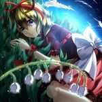  blonde_hair blue_eyes blue_sky bow cloud dress flower fuuna_(conclusion) grass hair_ribbon highres lily_of_the_valley lying medicine_melancholy on_side puffy_sleeves red_dress ribbon sash short_sleeves sky solo touhou wrist_ribbon 