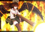  arm_cannon black_legwear bow brown_hair hair_bow highres long_hair masu_193 open_mouth red_eyes reiuji_utsuho skirt smile solo thighhighs touhou weapon wings 