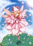  blonde_hair bow cherry_blossoms closed_eyes dress frills grass hat hat_bow highres lily_white pointy_ears shadow skyspace solo touhou 