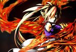 bare_shoulders blonde_hair breasts bygddd5 fiery_wings fire flame gauntlets highres long_hair lyrical_nanoha mahou_shoujo_lyrical_nanoha_strikers ponytail signum small_breasts solo unison yellow_eyes 