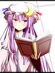  blush book capelet coat crescent dress hat highres jitome letterboxed long_hair long_sleeves looking_at_viewer open_clothes open_coat patchouli_knowledge purple_eyes purple_hair solo striped striped_dress touhou very_long_hair warabi_mochi_(ehimedaisuki) wide_sleeves 