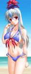  beach bikini blue_bikini blue_hair blush breasts byeontae_jagga cameltoe cleavage collarbone day front-tie_top hat highres kamishirasawa_keine large_breasts long_hair looking_at_viewer multicolored_hair red_eyes shiny shiny_skin silver_hair simple_background smile solo swimsuit touhou two-tone_hair underboob 