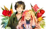  1girl bad_id bad_pixiv_id brown_eyes brown_hair closed_eyes flower happy head_wreath hood hoodie jewelry kagerou_project key kozakura_marry long_hair mukimuki_mayuge necklace pink_hair seto_kousuke smile 