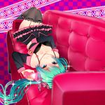  aqua_eyes aqua_hair bra cellphone checkered checkered_background couch garter_straps hatsune_miku highres honey_whip_(module) lace lace-trimmed_thighhighs long_hair looking_at_viewer lying noboes on_back phone project_diva_(series) project_diva_f skirt solo sweet_devil_(vocaloid) thighhighs underwear vocaloid 
