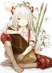  bamboo bamboo_shoot barefoot bow dirty_clothes dirty_face dirty_feet finger_to_mouth fujiwara_no_mokou hair_bow highres long_hair one_eye_closed pants red_eyes shirt silver_hair sitting sleeves_folded_up sleeves_rolled_up smile solo suspenders touhou very_long_hair yushika 