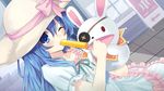  animal_ears blue_eyes blue_hair bunny bunny_ears date_a_live dress eating eyepatch food game_cg hand_puppet hat hat_ribbon highres long_hair one_eye_closed open_mouth popsicle puppet ribbon solo stuffed_animal stuffed_bunny stuffed_toy sun_hat tsunako yoshino_(date_a_live) yoshinon 