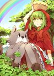  basket bow clover dog four-leaf_clover green_eyes green_hair gumi hood little_red_riding_hood matako on_head open_mouth pantyhose rainbow sitting solo star tree vocaloid 