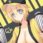  bad_id bad_pixiv_id blonde_hair blue_eyes blush breasts cleavage collarbone gj-bu hanshin_tigers hat kirara_bernstein large_breasts mitsu_king nippon_professional_baseball short_hair solo 