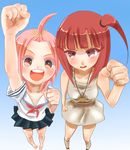  armpit_peek bad_id bad_pixiv_id bare_legs barefoot blush clenched_hands creator_connection crossover dress fist_pump foreshortening highres kuzuryuu_momoko magi_the_labyrinth_of_magic morgiana multiple_girls nashigaya_koyomi pink_hair raised_fist red_hair school_uniform serafuku short_hair sumomomo_momomo 