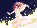  armpits bare_legs barefoot blush bracelet choker dancer dancing dress flower hair_flower hair_ornament harem_outfit headdress jewelry kanaderu magi_the_labyrinth_of_magic midriff morgiana navel necklace red_hair solo veil 