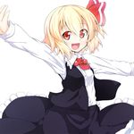  ascot blonde_hair hair_ribbon long_sleeves nogisaka_kushio open_mouth outstretched_arms red_eyes ribbon rumia short_hair simple_background skirt skirt_set smile solo touhou vest white_background 