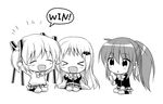  cape cellphone chibi closed_eyes fang fuyuichi greyscale kamikita_komari little_busters! long_hair monochrome multiple_girls natsume_rin noumi_kudryavka phone playing_games ponytail school_uniform short_hair tears thighhighs twintails 