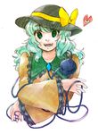  aqua_hair green_eyes hat hat_ribbon heart komeiji_koishi long_hair long_sleeves looking_at_viewer open_mouth ribbon shirt simple_background smile solo syoumikigengire third_eye touhou upper_body white_background wide_sleeves 