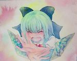  blue_eyes blue_hair bow cirno closed_eyes hair_bow ice ice_wings open_mouth scared screaming short_hair solo touhou traditional_media watercolor_(medium) wings x_arms yuyu_(00365676) 