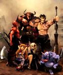  4boys abs arm_blade armpits axe bandages black_hair blonde_hair blue_oni blue_skin broken_horn brown_hair club commentary_request cup demon demon_boy gourd group_picture highres horn horn_ribbon horns hoshiguma_yuugi ibuki_suika long_hair minotaur morogami_ryou multiple_boys multiple_girls muscle oni pointy_ears red_eyes red_oni red_skin ribbon sakazuki sexual_dimorphism shirtless sword tattoo touhou weapon 