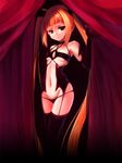  black_legwear blazblue blonde_hair breasts choker curtains elbow_gloves garter_straps gloves highres long_hair rachel_alucard re-so red_eyes small_breasts solo thighhighs twintails underboob 