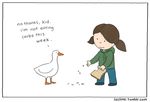  avian bread clothing duck english_text feeding female food hoodie human humor liz_climo mammal pants plain_background shoes text white_background young 