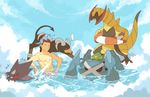  beach canine claws dog dragon electrike english_text eyes_closed feral hair haunter haxorus houndoom human lake male mammal metagross nintendo open_mouth outside plain_background pok&#233;mon pok&eacute;mon red_eyes sea seaside seiryuuden spirit swim swimming swimsuit text totodile video_games water wet white_background 