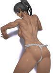  arm_support ass back black_hair blue_eyes breasts commentary_request cozy dark_skin fundoshi japanese_clothes large_breasts looking_back muscle muscular_female original ponytail solo topless underwear underwear_only 