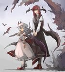  bat bat_wings blue_hair blush closed_eyes demon_girl hat hat_ribbon head_wings height_difference koakuma long_hair long_skirt long_sleeves multiple_girls necktie puffy_sleeves red_eyes red_hair remilia_scarlet ribbon short_hair skirt smile touhou vest wings yagimiwa 