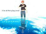  absurdres archer bad_id bad_pixiv_id casual different_reflection dual_persona emiya_shirou fate/stay_night fate_(series) highres mitsuki_mitsuno multiple_boys orange_hair red_hair reflection shirt spoilers t-shirt upside-down 