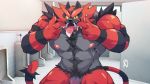  2019 anthro ashendawger bathroom black_fur body_hair chest_hair claws detailed_background felid feline front_view fur incineroar looking_at_viewer male mammal multicolored_fur muscular muscular_male navel nintendo nipples open_mouth penis pok&eacute;mon pok&eacute;mon_(species) red_fur saliva solo standing stripes tongue video_games 