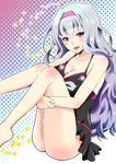  barefoot breasts casual_one-piece_swimsuit cleavage hairband idolmaster idolmaster_(classic) large_breasts leg_hug legs long_hair looking_at_viewer one-piece_swimsuit open_mouth purple_eyes shijou_takane smile solo swimsuit tak1780106 thighs very_long_hair 