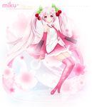  bad_id bad_pixiv_id boots character_name cherry detached_sleeves food fruit hatsune_miku juna long_hair looking_at_viewer necktie pink_eyes pink_footwear pink_hair sakura_miku sitting skirt smile solo thigh_boots thighhighs twintails very_long_hair vocaloid 