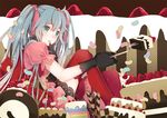  blue_eyes blue_hair cake dress finger_to_mouth food fruit gloves hair_ribbon hatsune_miku lace lace-trimmed_dress long_hair mia0309 puffy_sleeves red_legwear ribbon sitting strawberry thighhighs twintails vocaloid 