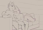  5_fingers abs anthro canid canine canis casual_nudity circumcised cuddling duo eyes_closed flaccid male male/male mammal nipples penis shiuk sofa wolf 