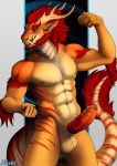  2018 abs amber_eyes beard dragon eastern_dragon erection facial_hair fangs flexing foreskin hair horn illusie looking_at_viewer male muscular pecs penis red_hair solo 