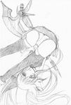  bardiche blush fate_testarossa greyscale hair_ribbon highres kuromasa_shisei long_hair looking_at_viewer lyrical_nanoha mahou_shoujo_lyrical_nanoha monochrome panties ribbon sketch solo thighhighs twintails underwear upside-down very_long_hair 