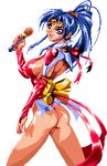  90s ass blue_hair breasts choujin_gakuen_gowcaizer erect_nipples game hishizaki_shaia idol large_breasts leotard long_hair looking_back lowres microphone pixel_art ponytail shoulder_pads sideboob simple_background snk solo technos technos_japan_corp voltage_fighter_gowcaizer 