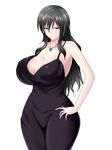  1girl angry bare_shoulders black_hair breasts cleavage curvy dress erect_nipples female hiito huge_breasts jewelry kotoura-san kotoura_kumiko long_hair milf necklace saogokushi simple_background solo standing white_background wide_hips 