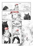  ambiguous_gender basket black_fur canine clothing comic dialog english_text female forest fur hat human little_red_riding_hood male mammal plantigrade red_hat text tree wolf 