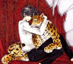  1boy animal black_hair blue_eyes clamp highres hug jaguar magic_circle official_art shirou_kamui shirt smile white_shirt x_(manga) zodiac 