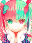  3: argyle bow colorful green_eyes green_hair hair_bow hands_on_own_cheeks hands_on_own_face heterochromia looking_at_viewer multicolored_hair nail_polish original pink_eyes pink_hair solo tachibana_amane_(amane01a) twintails 