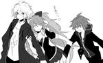  2boys ahoge akina422 bad_id bad_pixiv_id danganronpa danganronpa_1 enoshima_junko greyscale hood hoodie jacket komaeda_nagito long_hair monochrome multiple_boys naegi_makoto necktie school_uniform skirt sleeves_rolled_up smile super_danganronpa_2 translated twintails 